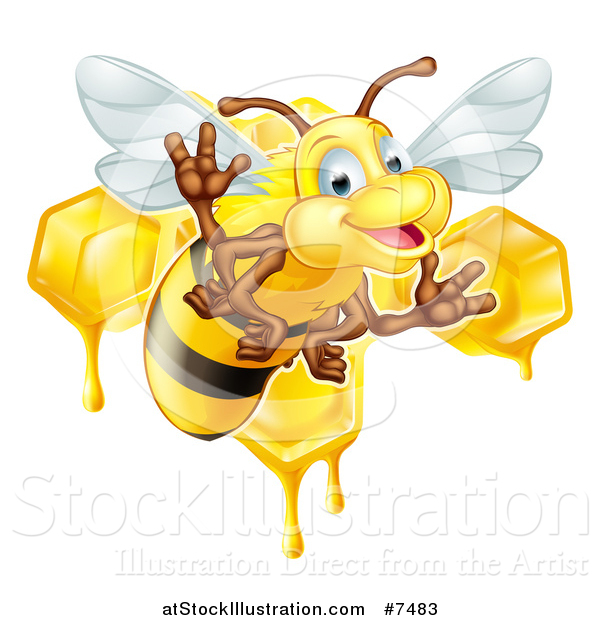Vector Illustration of a Cartoon Happy Bee Flying Against Dripping Honeycombs