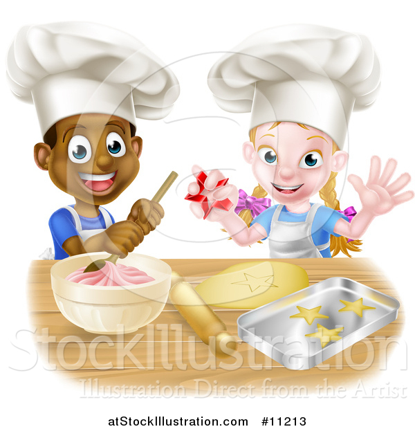 Vector Illustration of a Cartoon Happy Black Boy and White Girl Baking Star Shaped Cookies