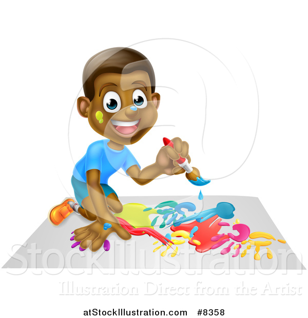 Vector Illustration of a Cartoon Happy Black Boy Kneeling and Painting Artwork