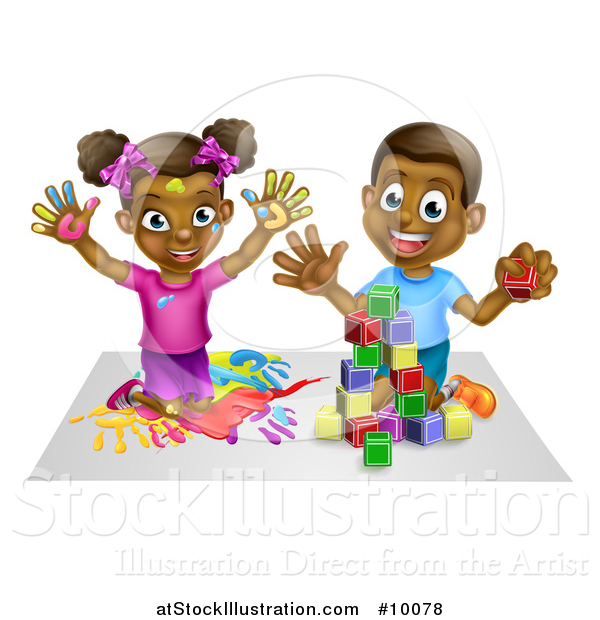 Vector Illustration of a Cartoon Happy Black Girl and Boy Kneeling and Finger Painting and Playing with Blocks