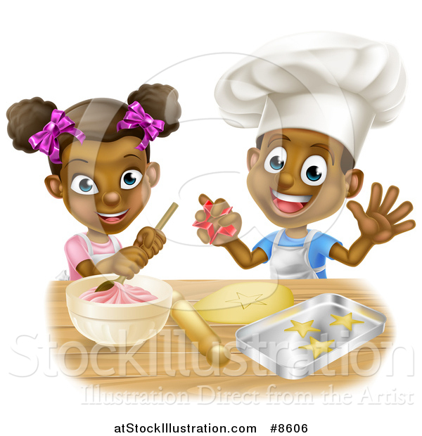 Vector Illustration of a Cartoon Happy Black Girl and Boy Making Frosting and Baking Star Cookies