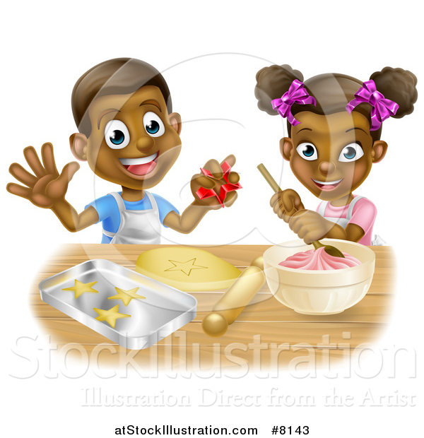 Vector Illustration of a Cartoon Happy Black Girl and Boy Making Frosting and Making Star Cookies