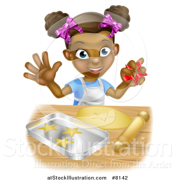 Vector Illustration of a Cartoon Happy Black Girl Holding a Cutter and Making Star Cookies