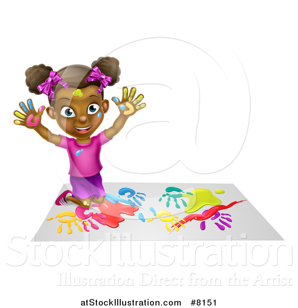 Vector Illustration of a Cartoon Happy Black Girl Making Hand Prints with Paint, Kneeling and Holding up Her Hands