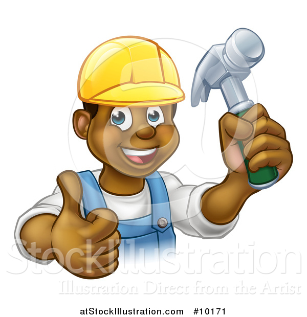Vector Illustration of a Cartoon Happy Black Male Carpenter Holding a Hammer and Giving a Thumb up