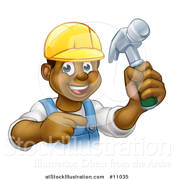 Vector Illustration of a Cartoon Happy Black Male Carpenter Holding a Hammer and Pointing