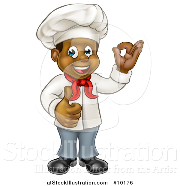 Vector Illustration of a Cartoon Happy Black Male Chef Gesturing Ok or Perfect and Giving a Thumb up
