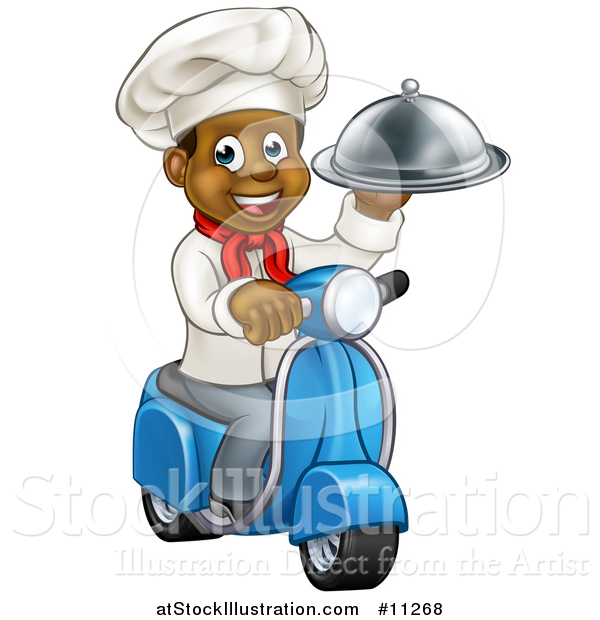 Vector Illustration of a Cartoon Happy Black Male Chef Holding a Cloche Platter and Riding a Scooter