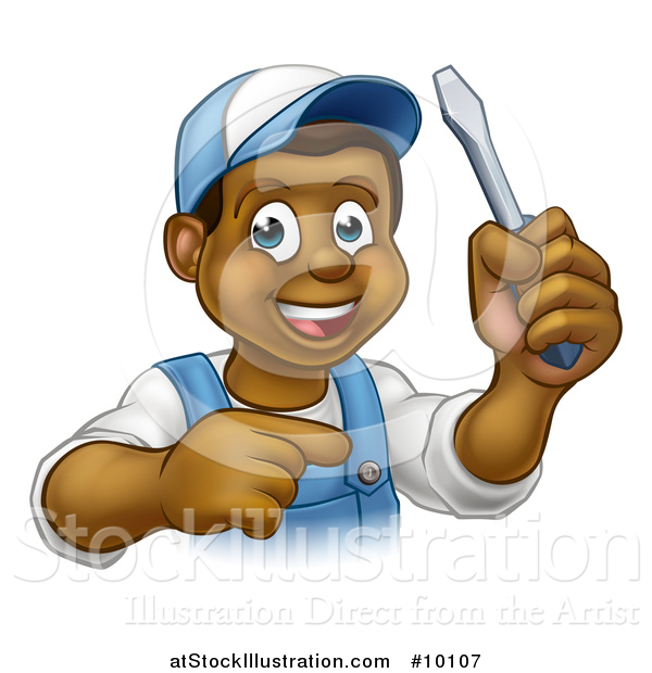 Vector Illustration of a Cartoon Happy Black Male Electrician Holding up a Screwdriver and Pointing