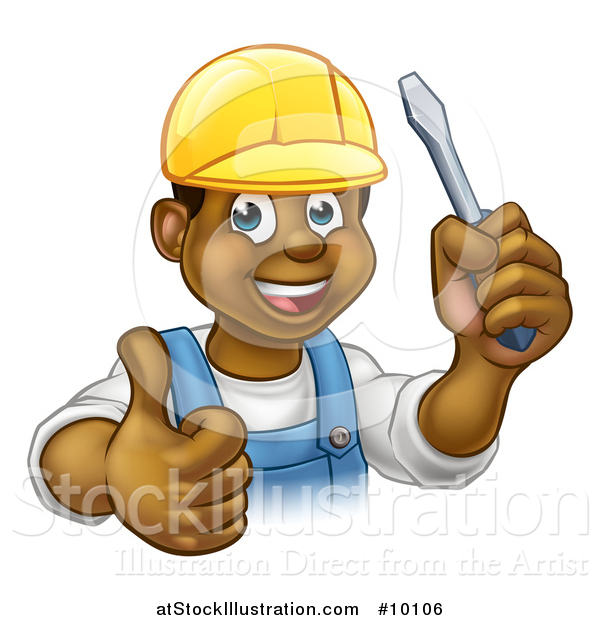 Vector Illustration of a Cartoon Happy Black Male Electrician Wearing a Hardhat, Giving a Thumb Up, and Holding a Screwdriver