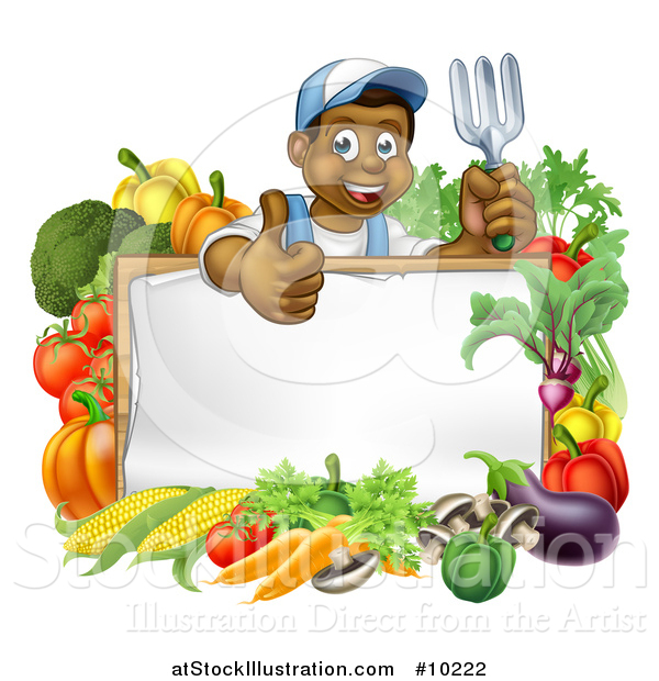 Vector Illustration of a Cartoon Happy Black Male Gardener Holding up a Garden Fork and Giving a Thumb up over a Blank White Sign with Produce