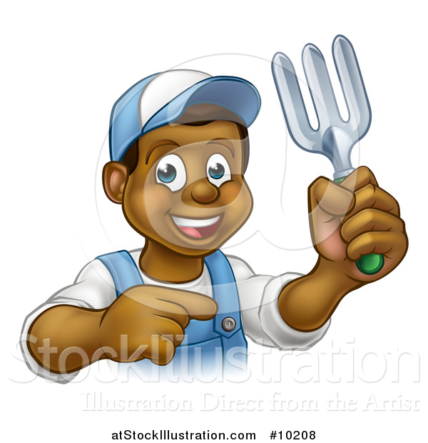 Vector Illustration of a Cartoon Happy Black Male Gardener in Blue, Holding a Garden Fork and Pointing