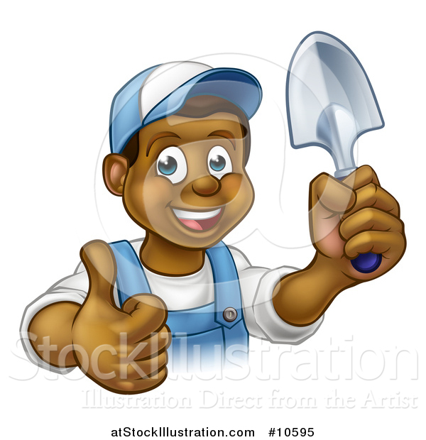 Vector Illustration of a Cartoon Happy Black Male Gardener in Blue, Holding a Garden Trowel and Giving a Thumb up