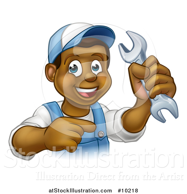 Vector Illustration of a Cartoon Happy Black Male Mechanic Holding up a Wrench and Pointing