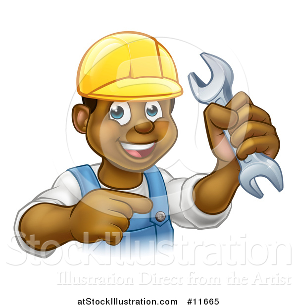 Vector Illustration of a Cartoon Happy Black Male Mechanic Holding up a Wrench and Pointing