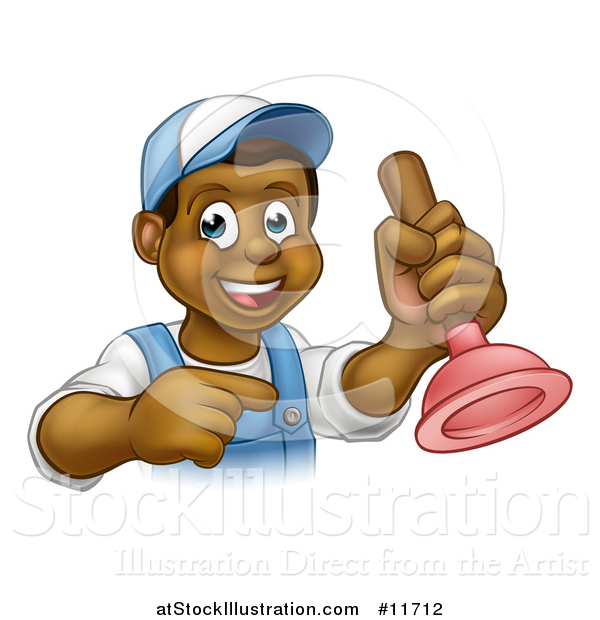 Vector Illustration of a Cartoon Happy Black Male Plumber Holding a Plunger and Pointing