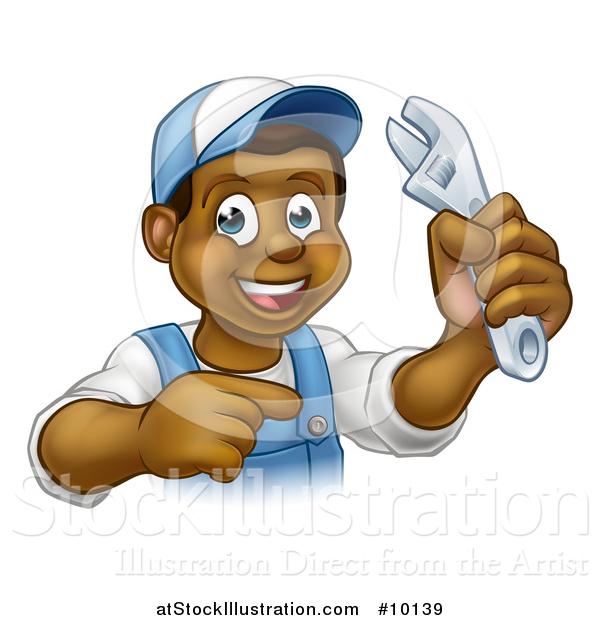 Vector Illustration of a Cartoon Happy Black Male Plumber Holding an Adjustable Wrench and Pointing