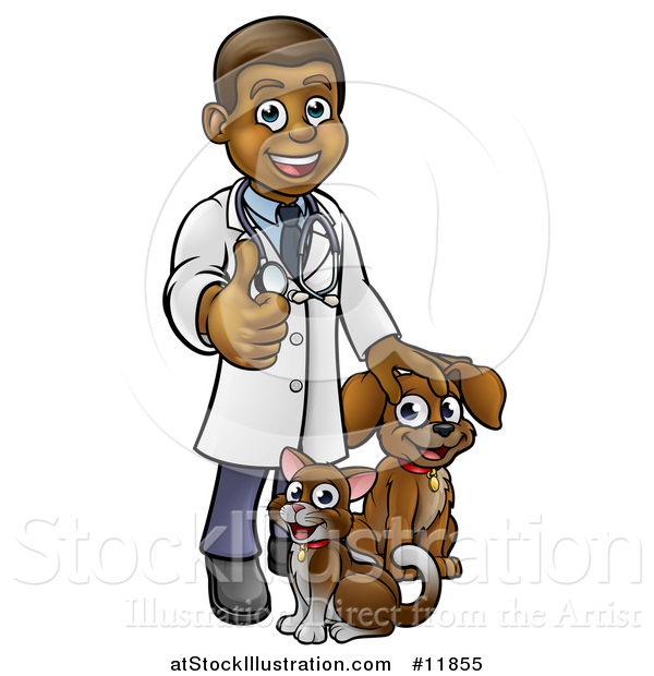 Vector Illustration of a Cartoon Happy Black Male Veterinarian Giving a Thumb up and Standing with a Dog and Cat