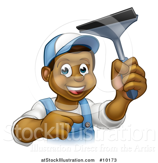 Vector Illustration of a Cartoon Happy Black Male Window Cleaner in Blue, Pointing and Holding a Squeegee