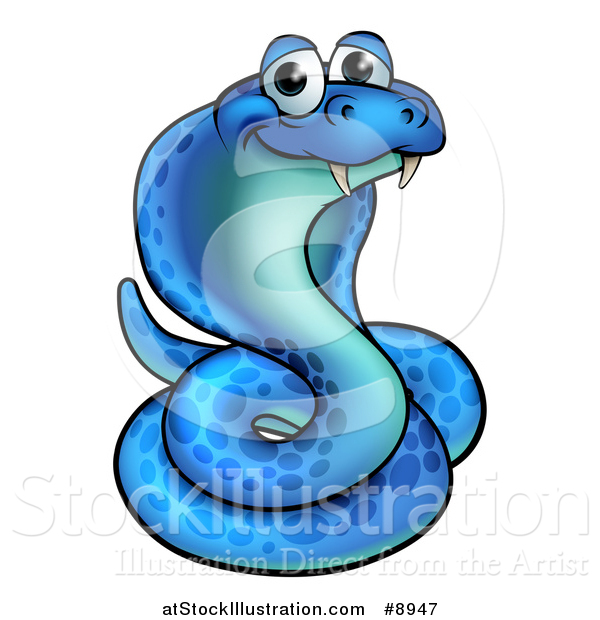 Vector Illustration of a Cartoon Happy Blue Coiled Cobra Snake