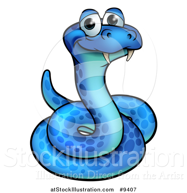 Vector Illustration of a Cartoon Happy Blue Coiled Snake