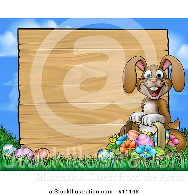 Vector Illustration of a Cartoon Happy Brown Easter Bunny Rabbit Holding a Basket in Front a Wood Sign Against Sky