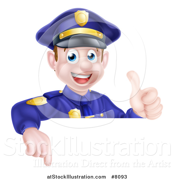 Vector Illustration of a Cartoon Happy Caucasian Male Police Officer Giving a Thumb up and Pointing down over a Sign