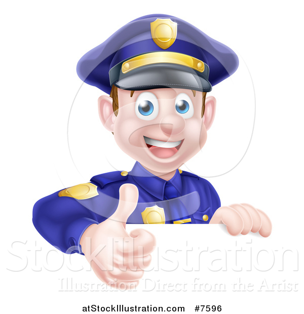 Vector Illustration of a Cartoon Happy Caucasian Male Police Officer Giving a Thumb up over a Sign