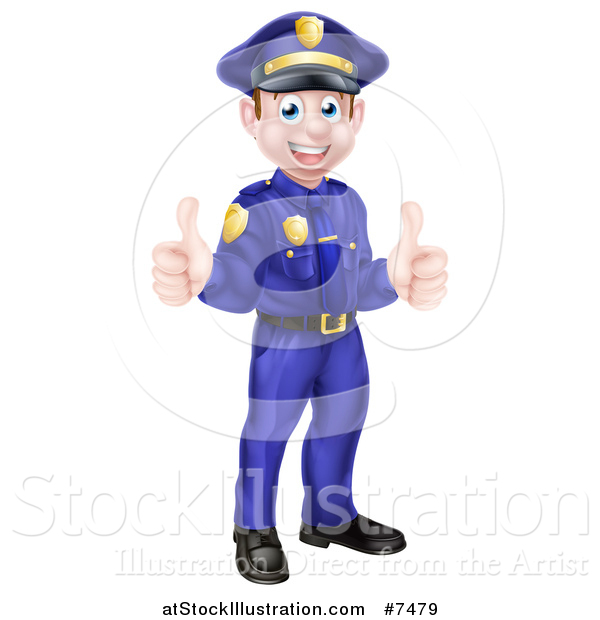 Vector Illustration of a Cartoon Happy Caucasian Male Police Officer Giving Two Thumbs up