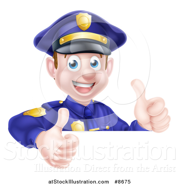 Vector Illustration of a Cartoon Happy Caucasian Male Police Officer Giving Twp Thumbs up over a Sign