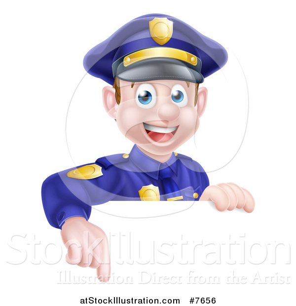 Vector Illustration of a Cartoon Happy Caucasian Male Police Officer Pointing down over a Sign