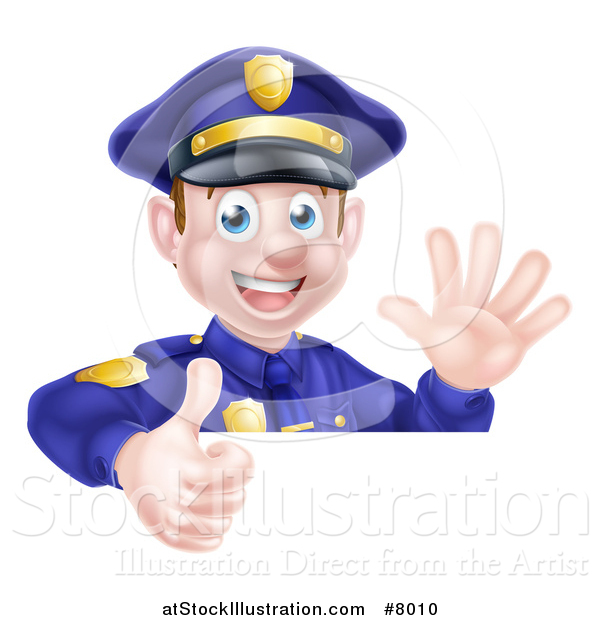 Vector Illustration of a Cartoon Happy Caucasian Male Police Officer Waving and Giving a Thumb up over a Sign