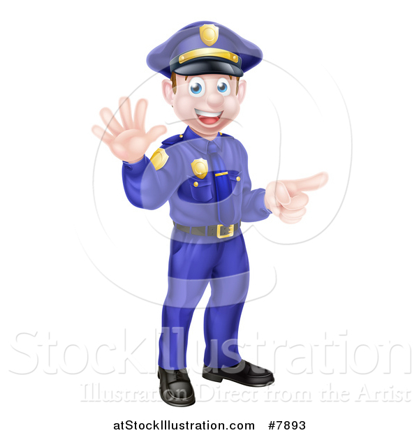 Vector Illustration of a Cartoon Happy Caucasian Male Police Officer Waving and Pointing