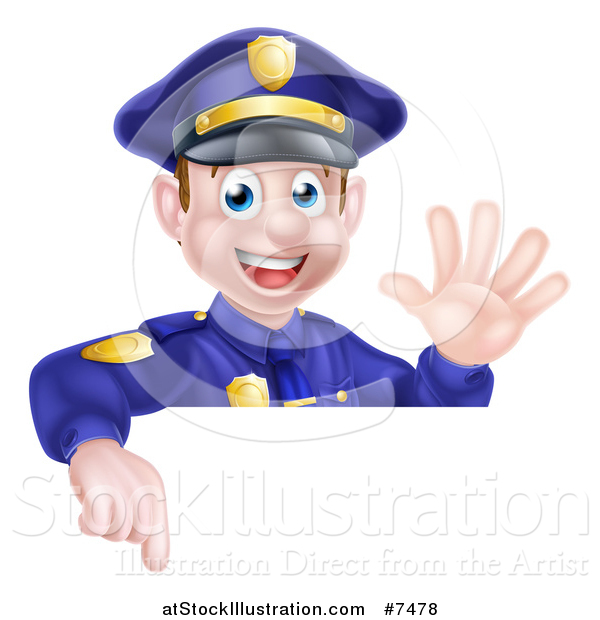 Vector Illustration of a Cartoon Happy Caucasian Male Police Officer Waving and Pointing down over a Sign