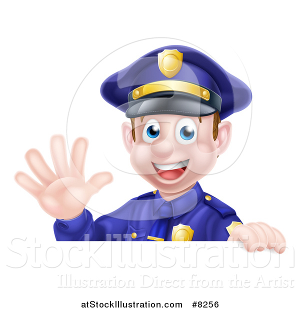 Vector Illustration of a Cartoon Happy Caucasian Male Police Officer Waving over a Sign