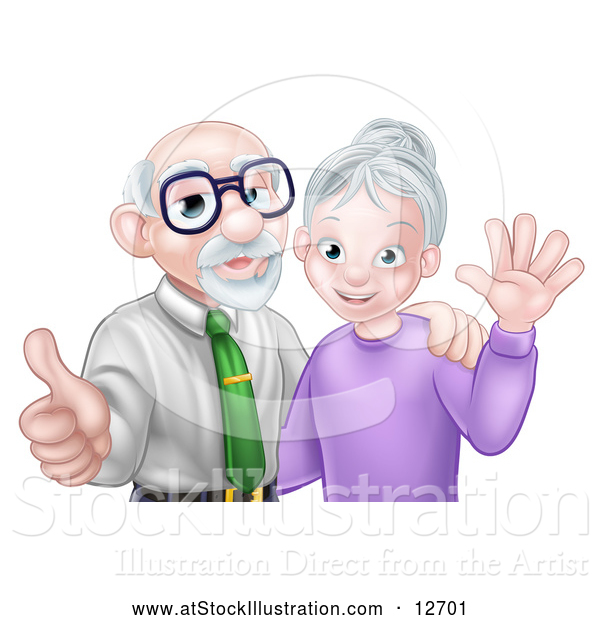 Vector Illustration of a Cartoon Happy Caucasian Senior Couple Waving and Giving a Thumb up