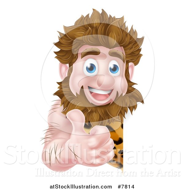 Vector Illustration of a Cartoon Happy Caveman Giving a Thumb up Around a Sign