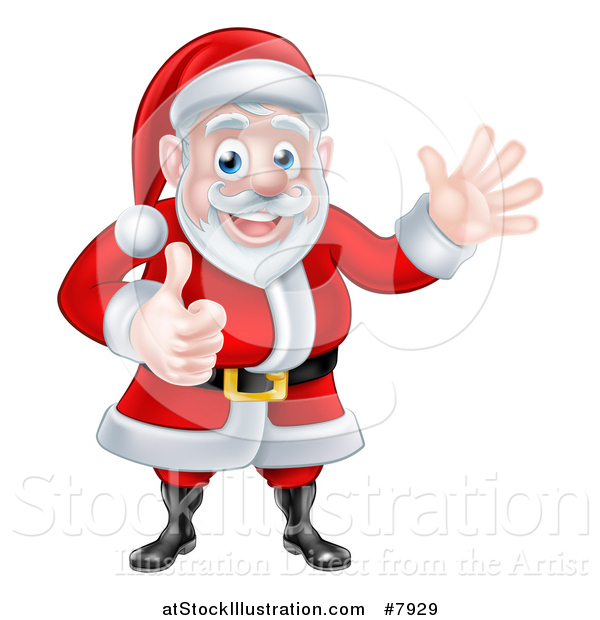 Vector Illustration of a Cartoon Happy Christmas Santa Claus Giving a Thumb up and Waving