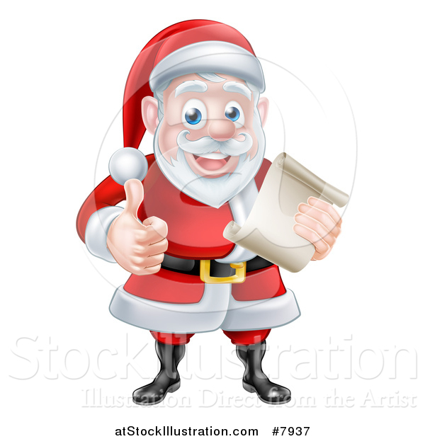 Vector Illustration of a Cartoon Happy Christmas Santa Claus Holding a Parchment Scroll and Giving a Thumb up