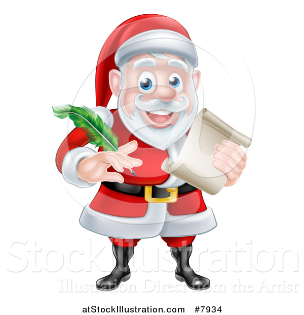 Vector Illustration of a Cartoon Happy Christmas Santa Claus Holding a Parchment Scroll and Quill Pen