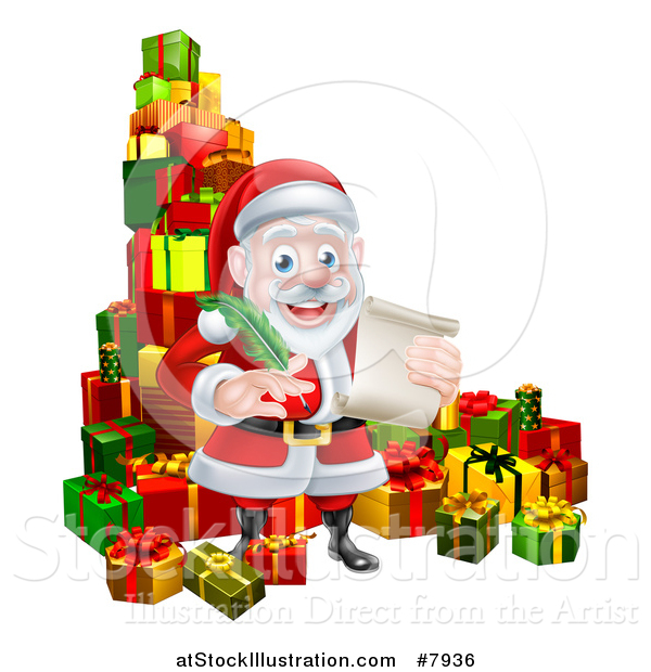 Vector Illustration of a Cartoon Happy Christmas Santa Claus Holding a Parchment Scroll and Quill Pen in a Pile of Gifts