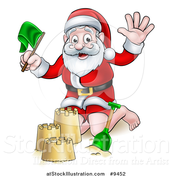 Vector Illustration of a Cartoon Happy Christmas Santa Claus Making a Sand Castle