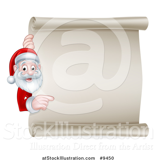 Vector Illustration of a Cartoon Happy Christmas Santa Claus Pointing Around a Scroll Sign