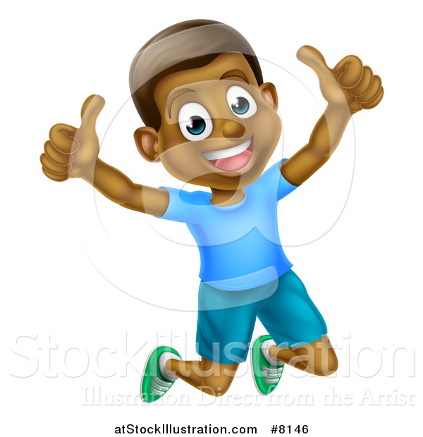 Vector Illustration of a Cartoon Happy Excited Black Boy Jumping and Giving Two Thumbs up