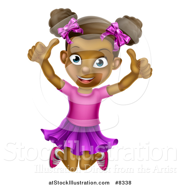 Vector Illustration of a Cartoon Happy Excited Black Girl Jumping and Giving Two Thumbs up