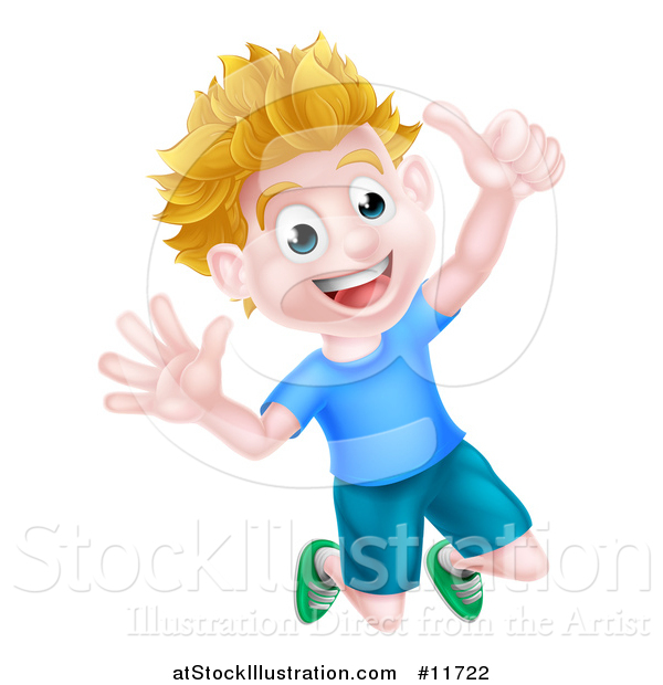 Vector Illustration of a Cartoon Happy Excited Blond Caucasian Boy Jumping and Giving a Thumb up