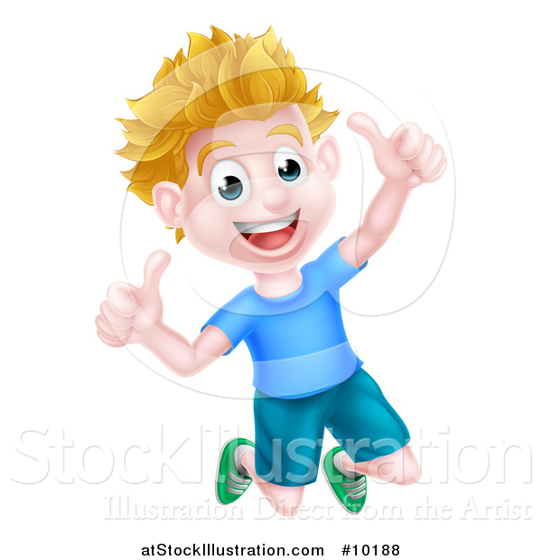 Vector Illustration of a Cartoon Happy Excited Blond Caucasian Boy Jumping and Giving Two Thumbs up