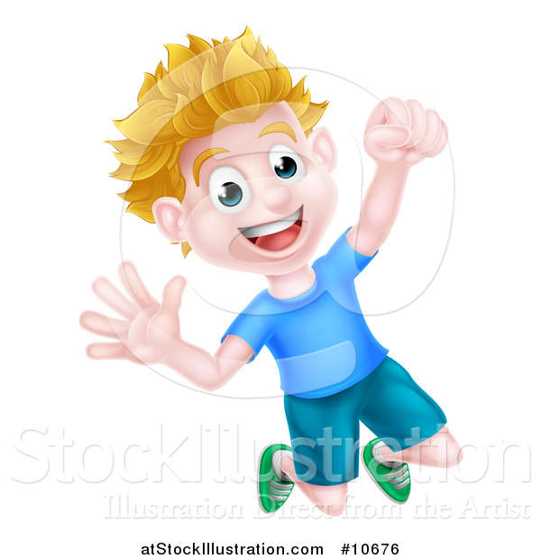 Vector Illustration of a Cartoon Happy Excited Blond Caucasian Boy Jumping