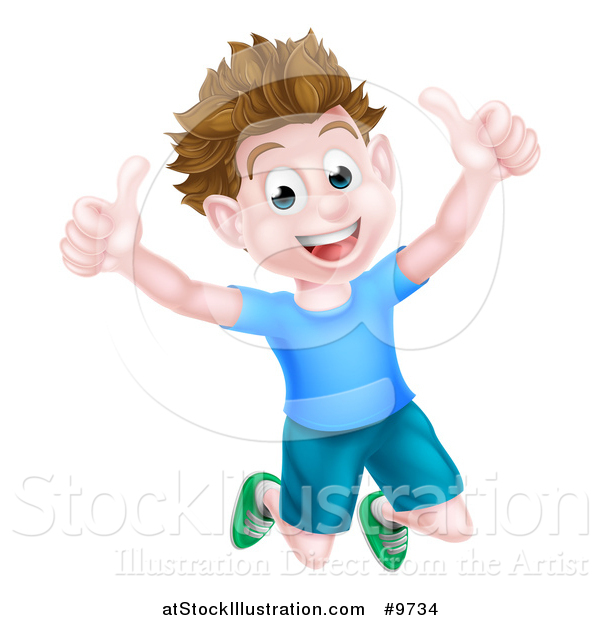 Vector Illustration of a Cartoon Happy Excited Brunette Caucasian Boy Jumping and Giving Two Thumbs up