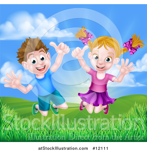 Vector Illustration of a Cartoon Happy Excited Caucasian Boy and Girl Jumping Outdoors